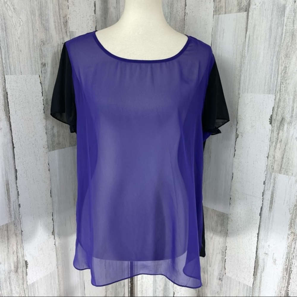 Chico’s Women’s Purple Black Sheer Scoop Neck Short Sleeve Blouse Top Shirt Sz 2